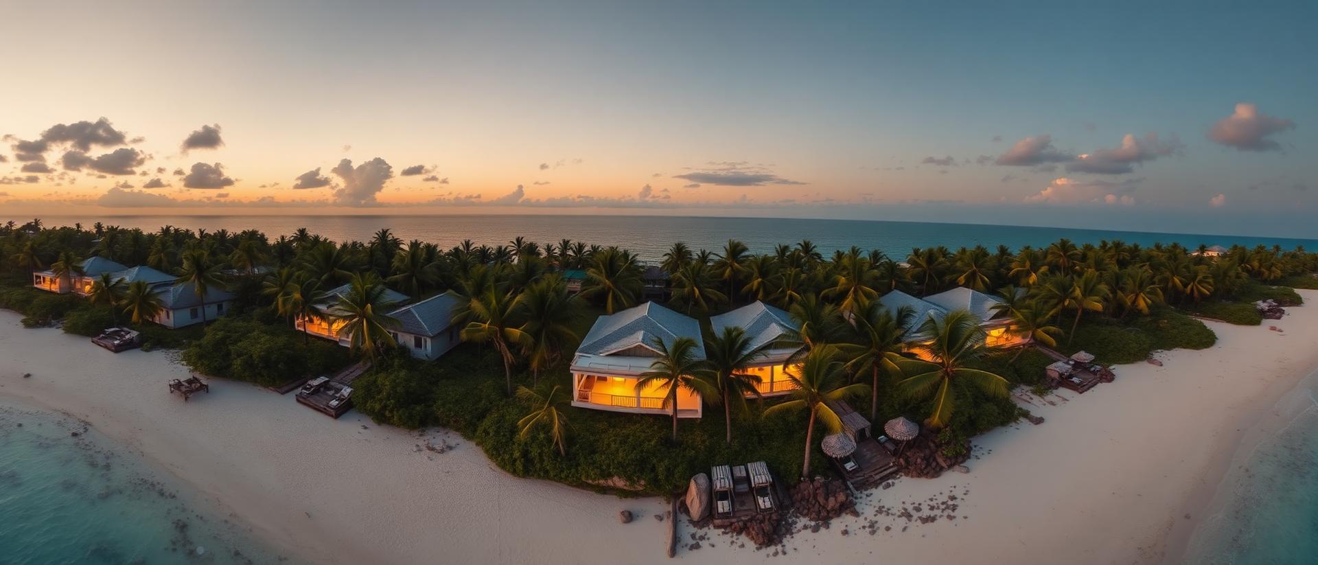 Aerial view of the Zanzibar coastline at dusk with villas among palms and a golden ocean