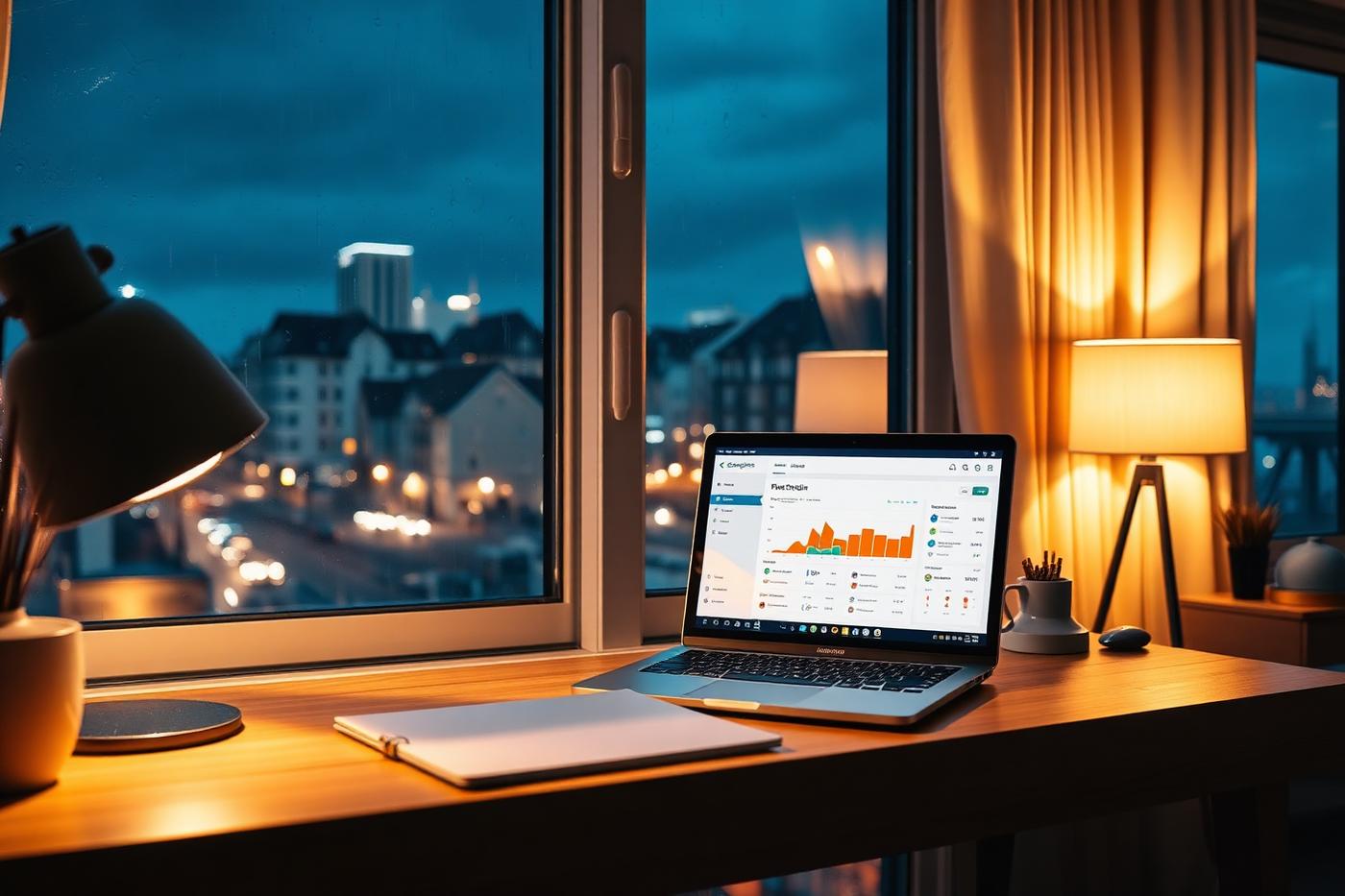 A laptop at night showing a construction progress dashboard, rain on the window behind