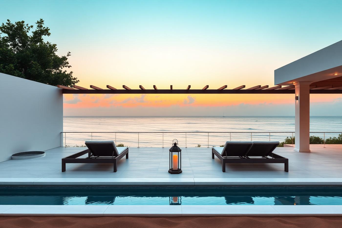 A contemporary villa terrace at dusk with lounge chairs above an infinity pool overlooking the ocean
