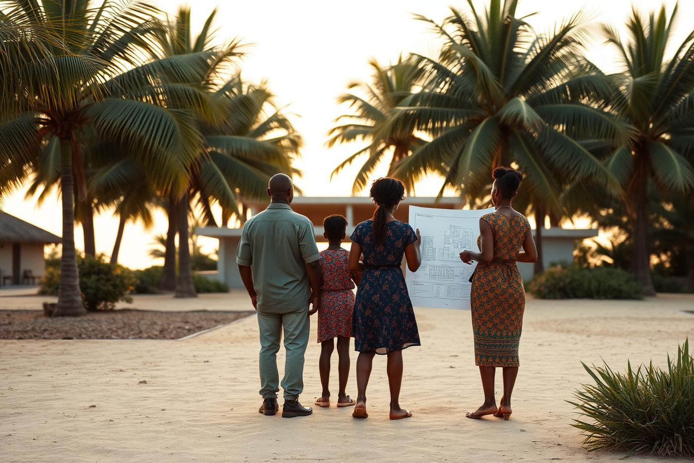 A family standing on a cleared coastal plot at sunrise reviewing architectural drawings