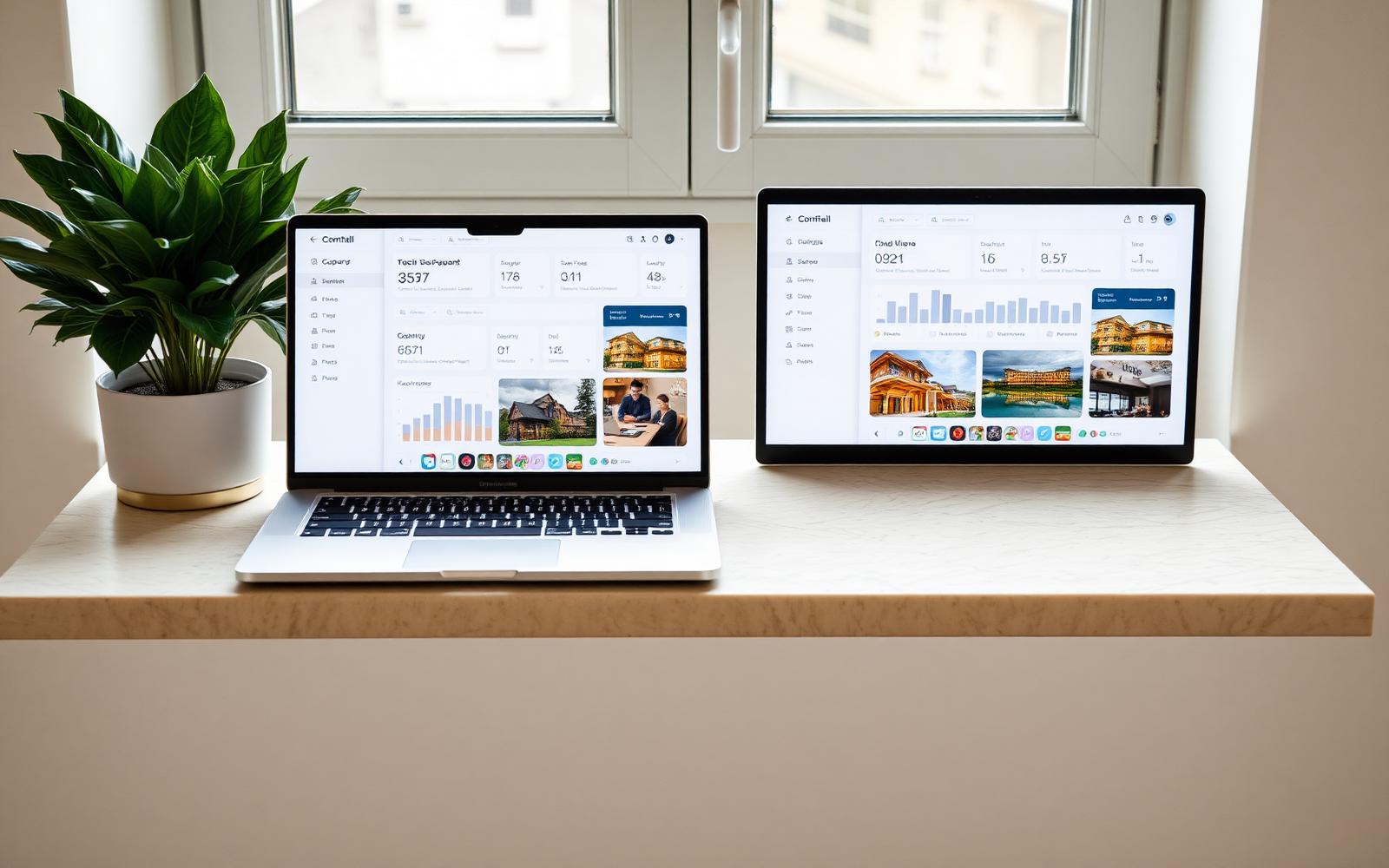 A laptop and phone on a pale stone table showing the RIYA client dashboard