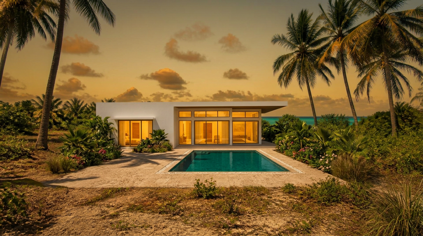 The same plot with a completed white villa, glowing glazing and a turquoise pool at dusk