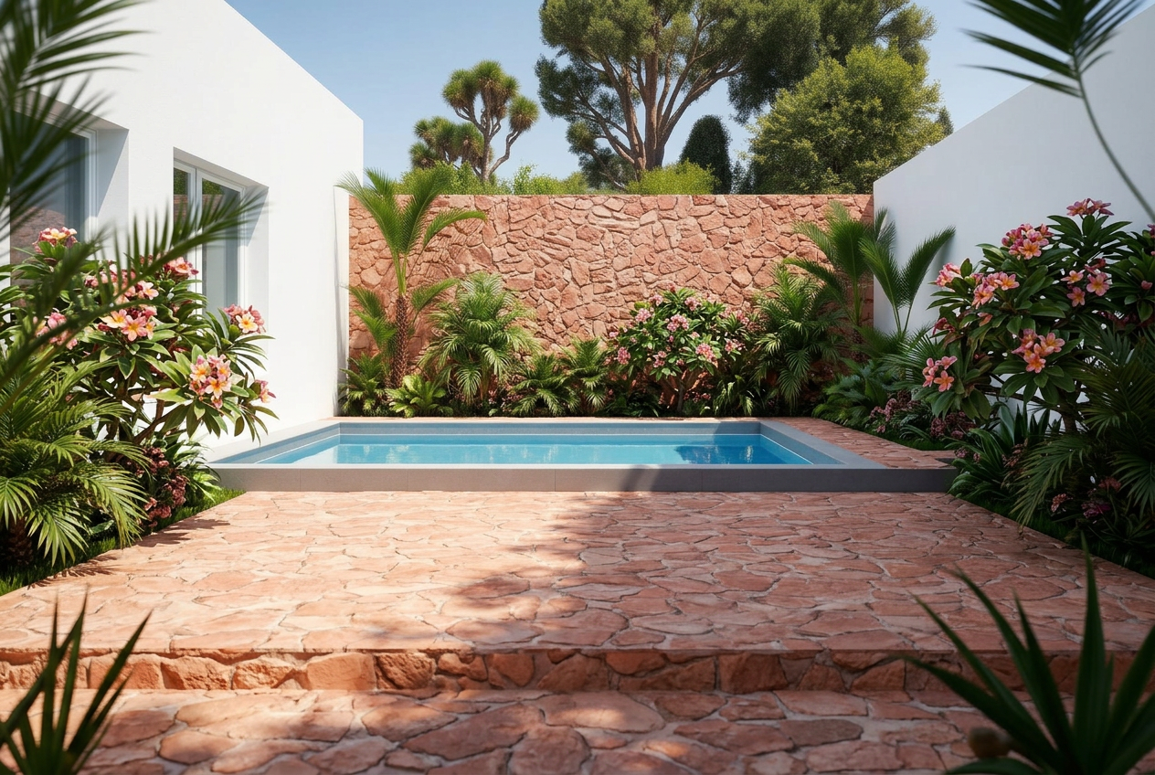 The same terrace with warm coral stone paving, a textured feature wall and mature planting