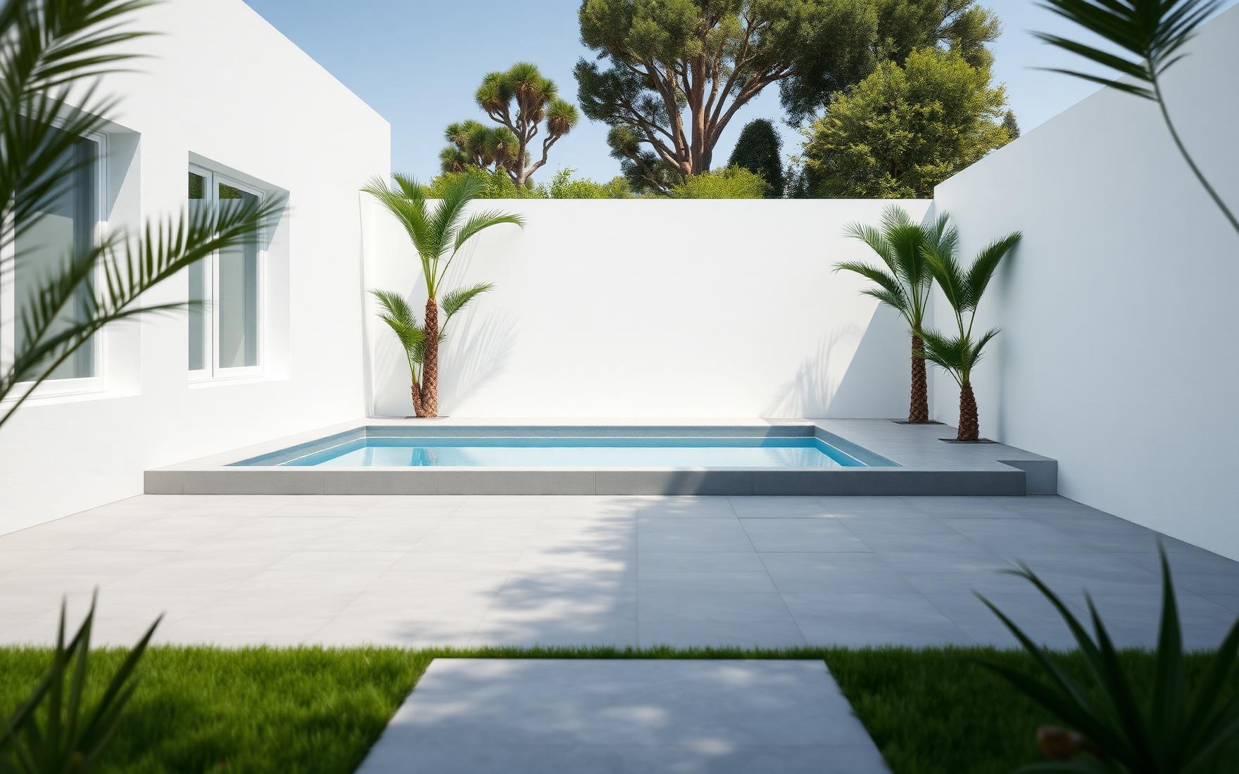 Pool terrace with plain grey screed paving and young palms