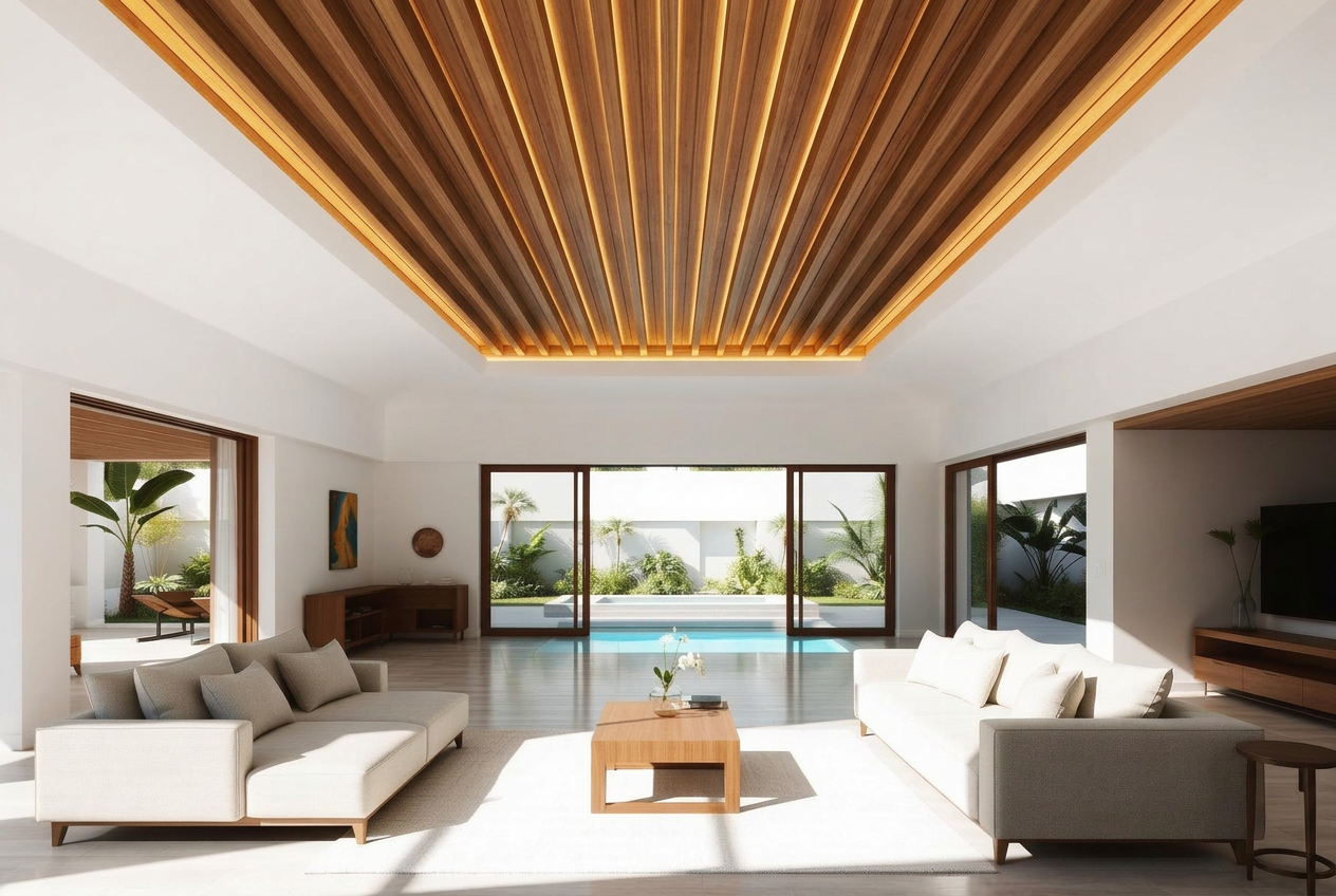 The same living room with a solid teak slatted ceiling and warm cove lighting