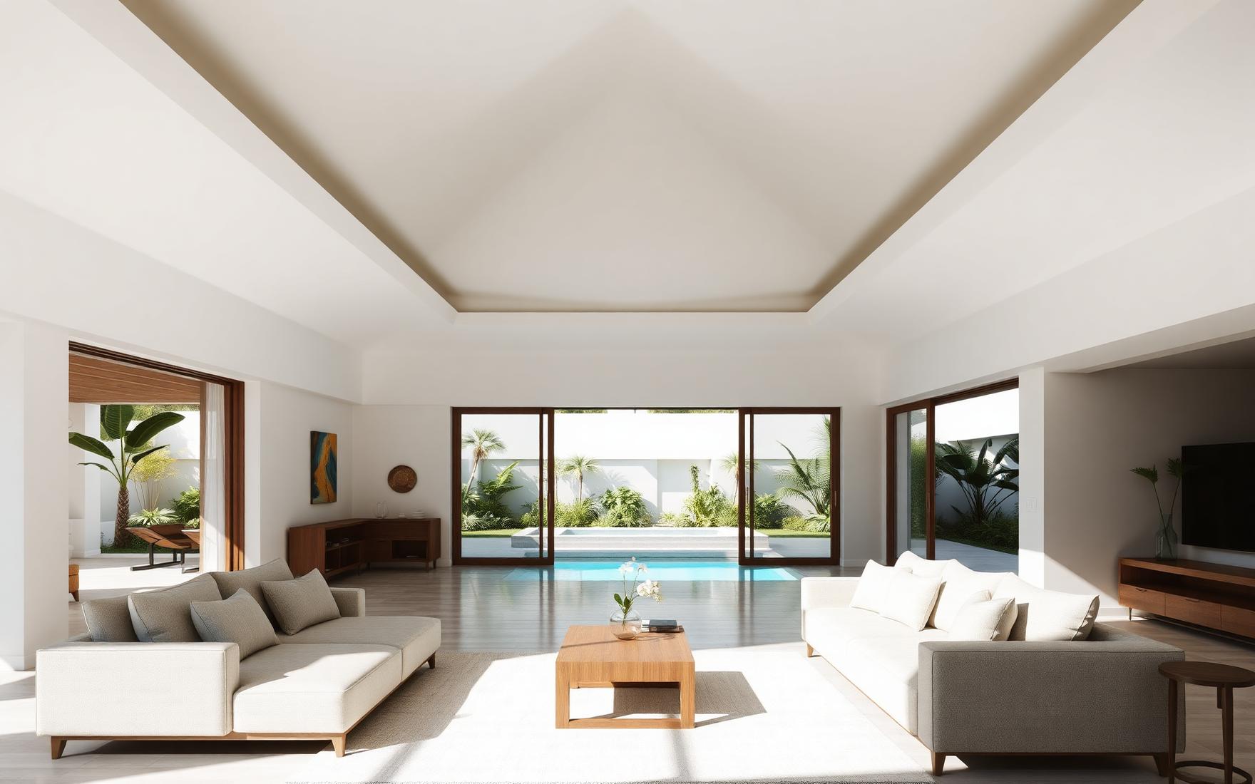 Open-plan villa living room with a flat white plaster ceiling