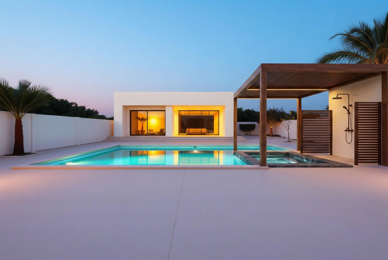 The same terrace with a timber pergola, cold plunge pool and outdoor rain shower