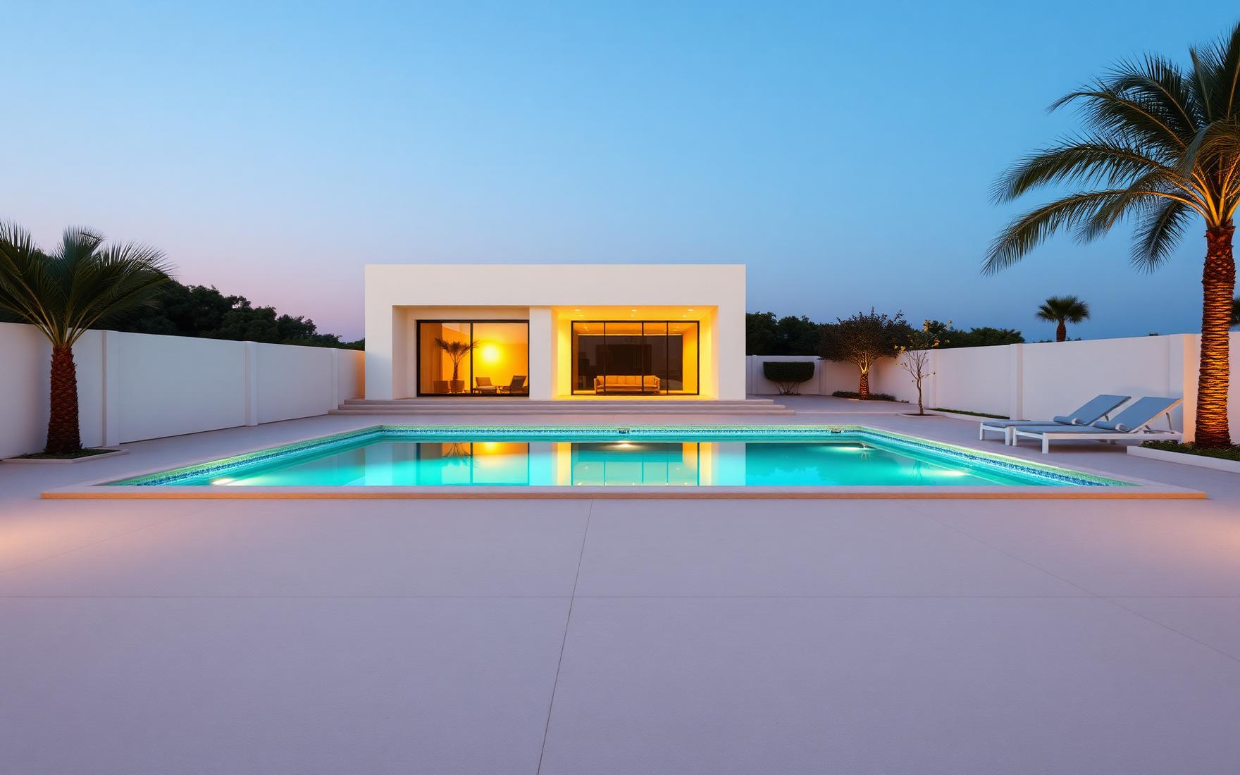Villa pool terrace at dusk with a plain concrete deck