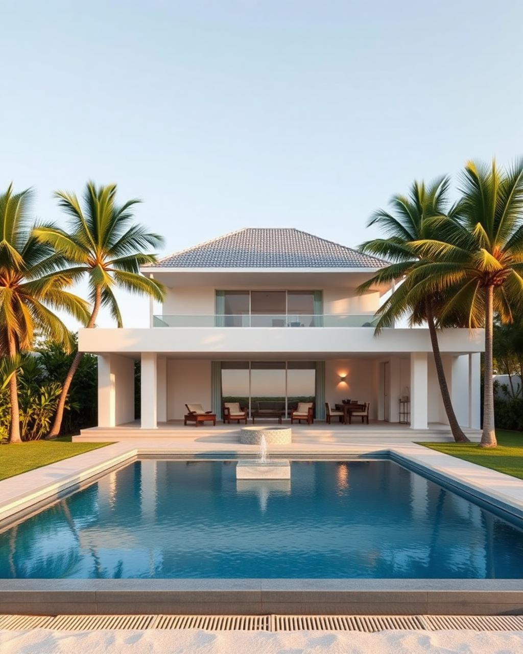 Wide white villa with a covered outdoor pavilion and a long lap pool