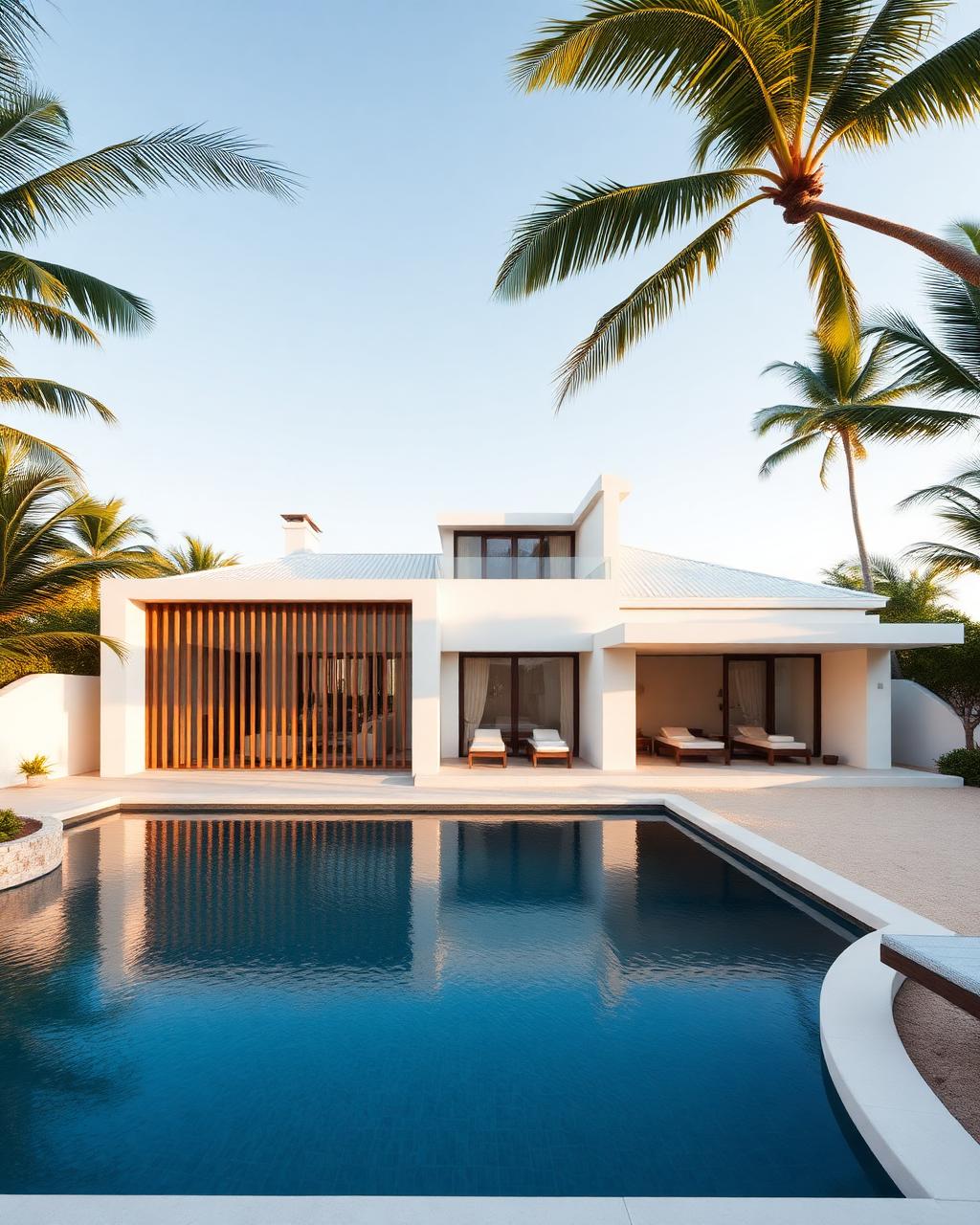 White four-bedroom villa arranged around a courtyard pool with a timber slat screen