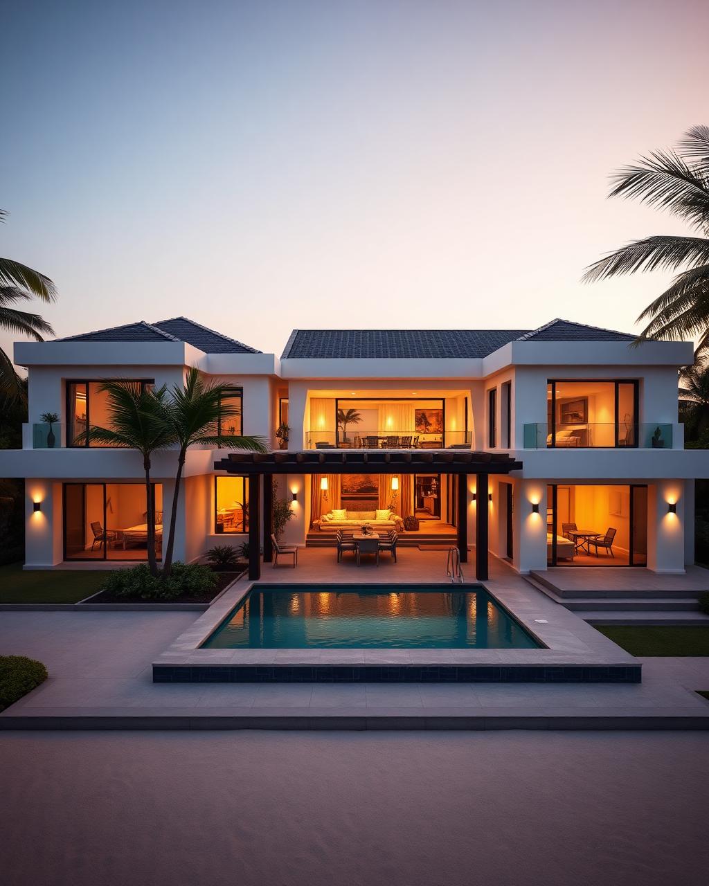 Large five-bedroom villa at dusk with lit interiors and a generous pool terrace