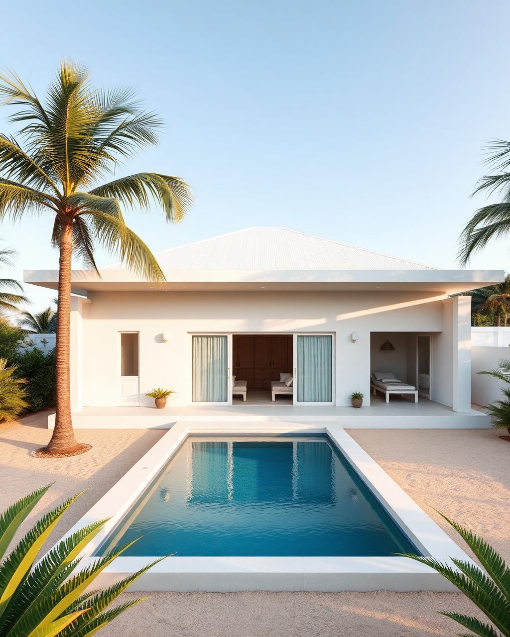 Single-storey white three-bedroom villa with a rectangular pool and coconut palms